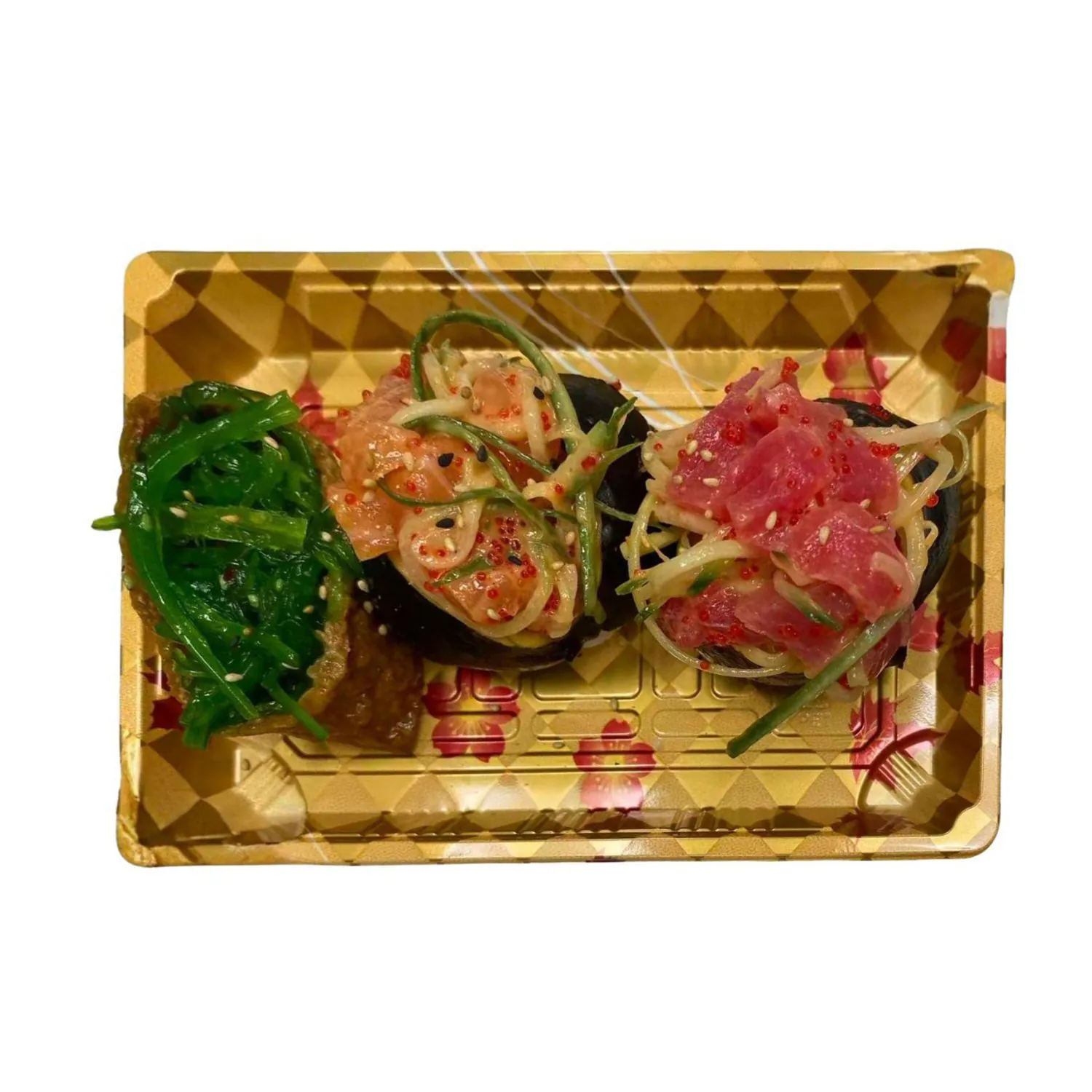 Seaweed, salmon & tuna sushi bites with toppings at LR Sushi, a Japanese Restaurant in London