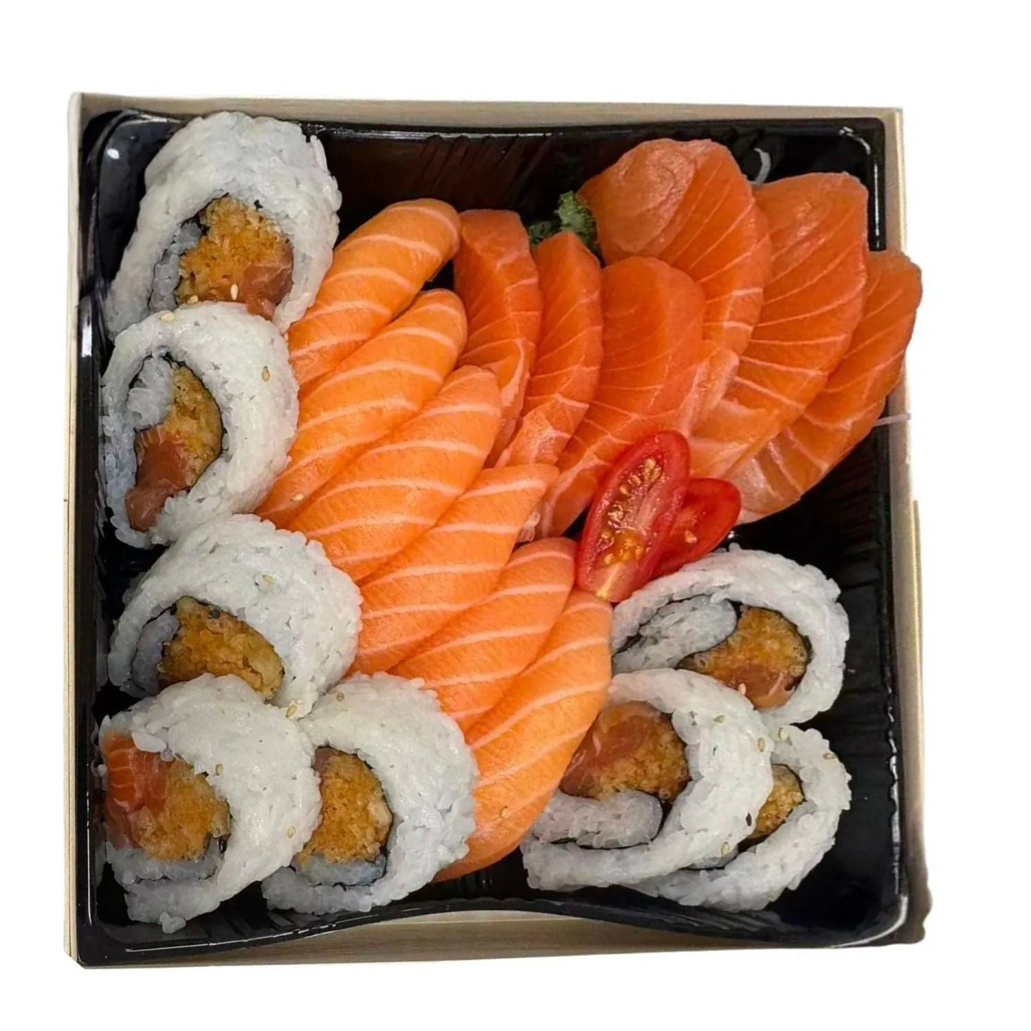 Salmon sashimi & salmon-filled sushi rolls at LR Sushi, a Japanese Restaurant in London